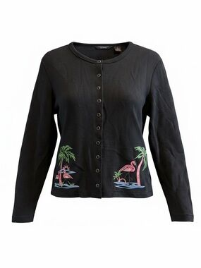 Black Embroidered Flamingo Button-Front Cardigan